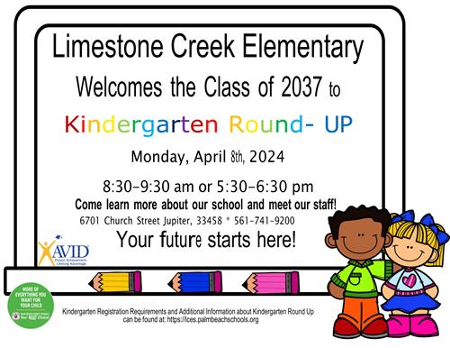 Limestone Creek Elementary Kindergarten Round Up Flyer in English